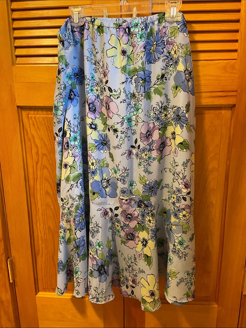 Liz Baker Floral Maxi Skirt with Ruffle Hem in Light Blue with Pastel Blooms